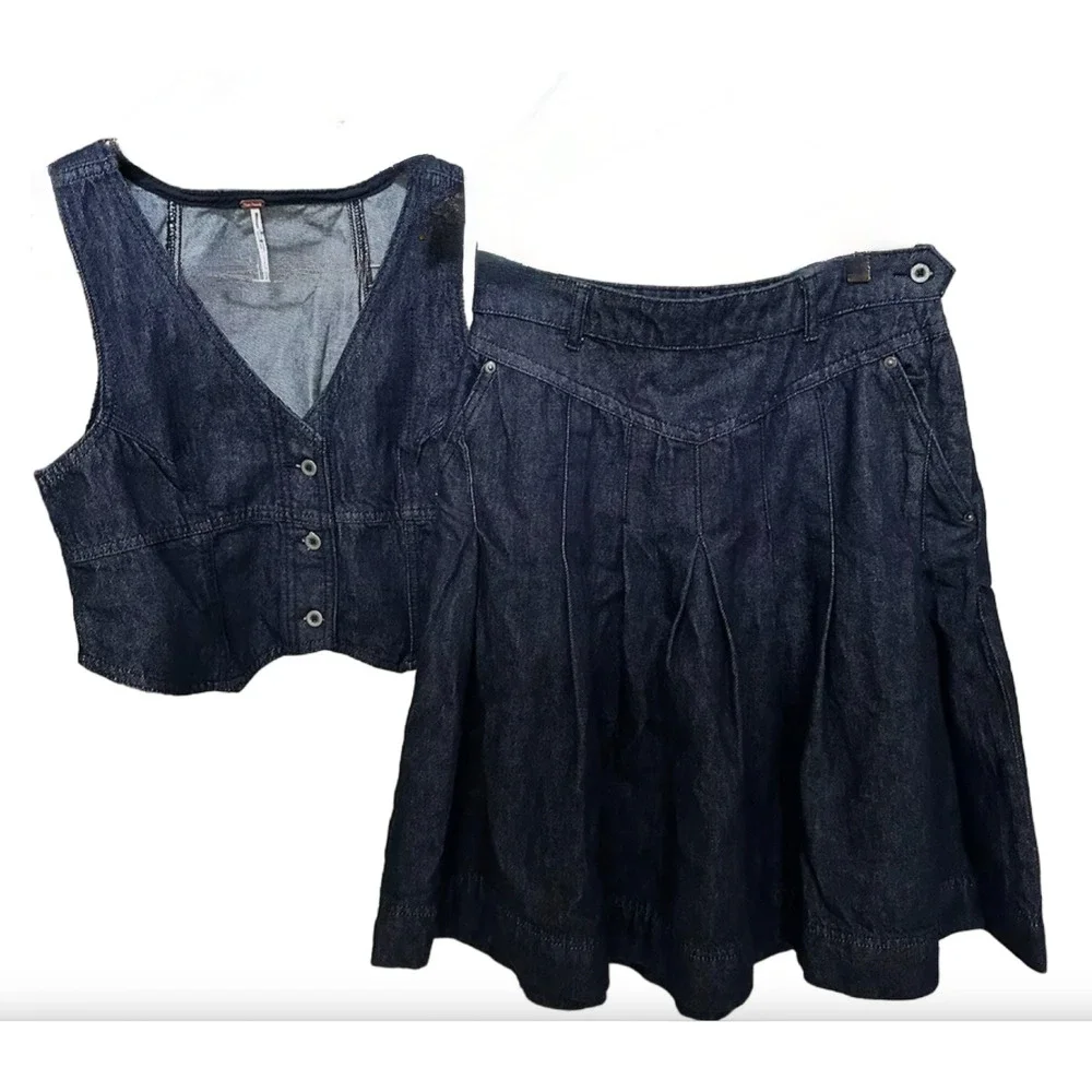 NEW FREE PEOPLE SCOUT DENIM CROPPED VEST TOP SKIRT SET OB1879827 SZ 4